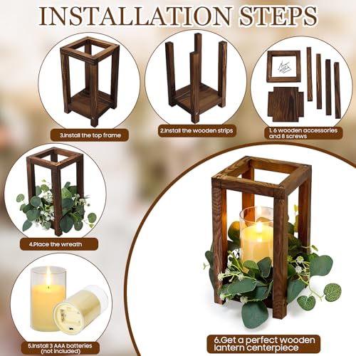 Set of 6 Wooden Lantern Centerpieces with Eucalyptus Wreaths and LED Candles for Wedding & Party Decor - Green Variation