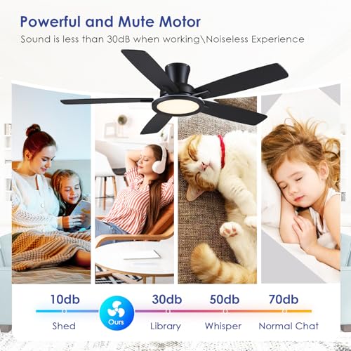 BYKISTOK 52-Inch Flush Mount Ceiling Fan with RGB Light - Black Reversible Mute Motor