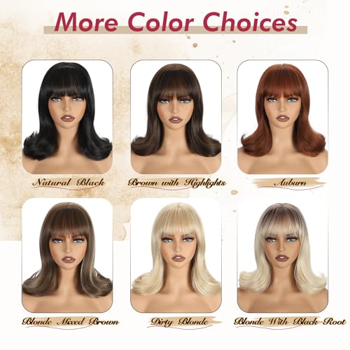 LEOSA Brown Highlights Short Bob Wig with Bangs, Realistic Scalp, Shoulder Length Wavy Layered Synthetic Hair for Women