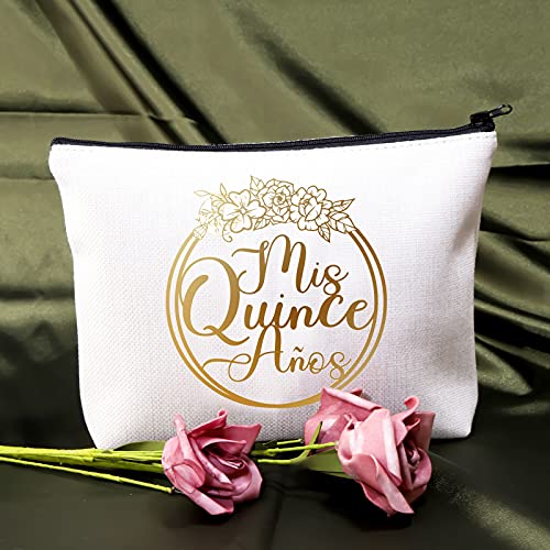 BDPWSS 15th Birthday Cosmetic Makeup Bag For Teen Girls Mis Quince Anos Latina Spanish Zipper Pouch For Daughter 15 Years Old Birthday Gifts(Mis Quince Anos)