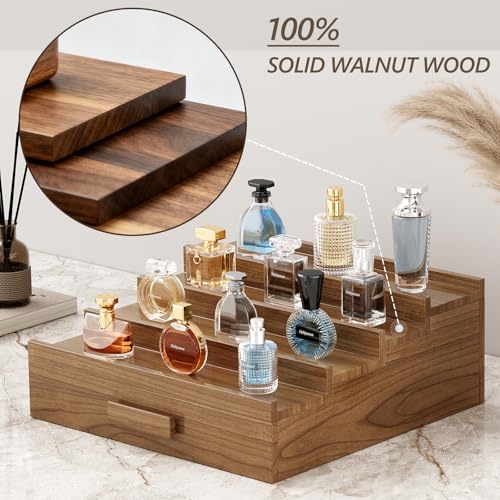 Solid Walnut Cologne Organizer for Men,4 Tier Cologne Stand,Wooden Cologne Holder Display Shelf with Drawer Storage and Hidden Compartment,Perfume Stand Organizer,Gift for Men Dad Husband