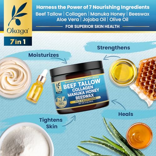 Organic Beef Tallow Balm for Skin 5 oz - Moisturizer, Collagen, Grass-Fed