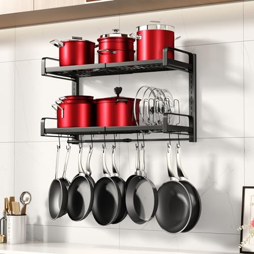 19-30 Inch Expandable Wall Mount Pot Rack with 2 Tiers, 10 Hooks & Lid Holders