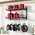 19-30 Inch Expandable Wall Mount Pot Rack with 2 Tiers, 10 Hooks & Lid Holders