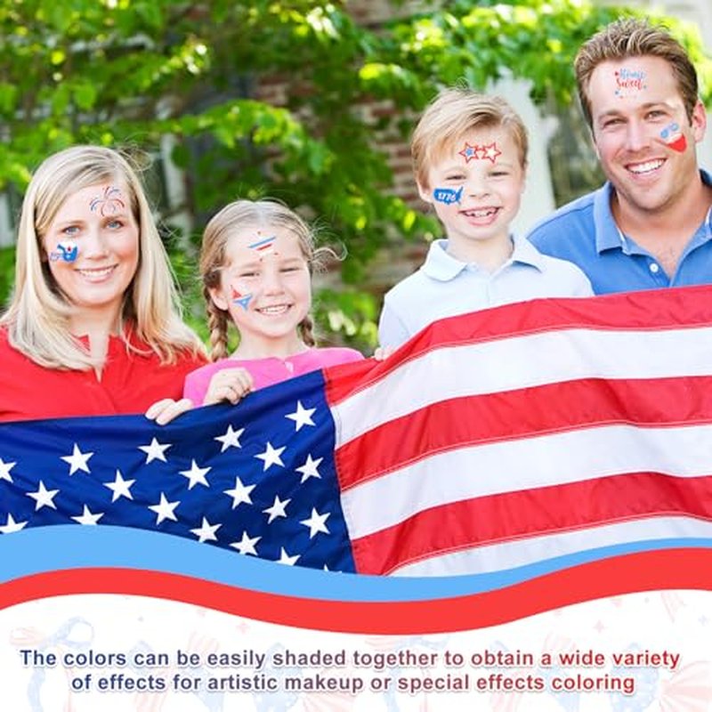 19 Pcs Red White Blue Face Paint Kit Patriotic Stripe Fan Brush Stick 3 Color Face Glitter Powder Stencil Stickers with Makeup Brush Independence Day Face Painting Kit for Memorial Day Party Favors