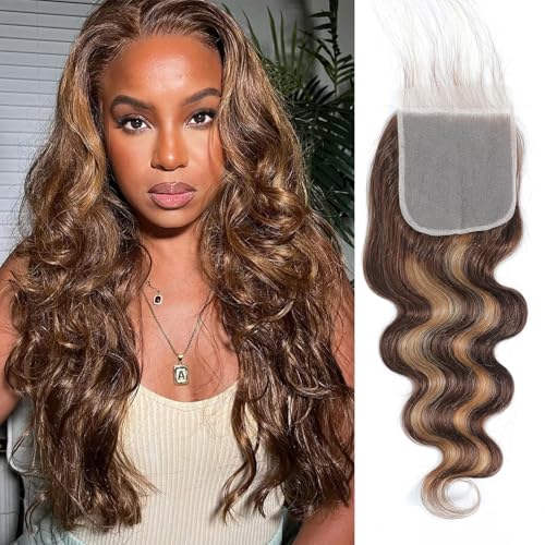 Highlight P4/27 12 Inch Body Wave Lace Closure Human Hair 5x5 Highlight Brown Honey Blonde Piano Color