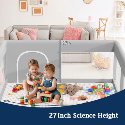 Baby Playpen with Mat 74x50 Inch - Grey, Safety Gate and Activity Fence for Toddlers