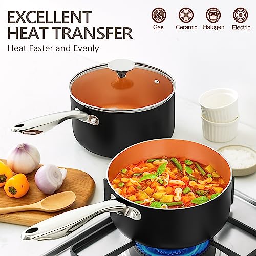 Michelangelo 3-Piece Nonstick Saucepan Set with Lids, 1 Qt, 2 Qt & 3 Qt Copper Coated Ceramic Pans