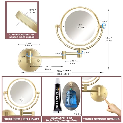 RECKODOR Brushed Gold Wall Mounted Lighted Makeup Mirror 5x Magnification