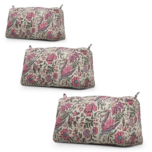 Set of 3 Cotton Floral Print Toiletry Bags for Women Travel Makeup Organizer - Off White