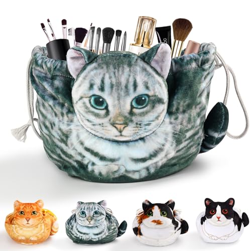 Cat Shaped Drawstring Makeup Bag for Women - Grey Feline Cosmetic Organizer