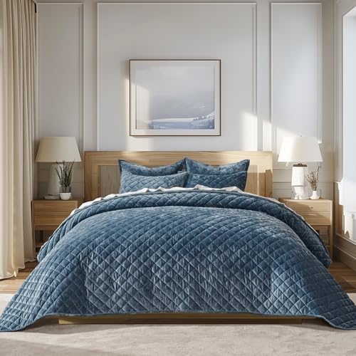 EverGrace Oversized Velvet Quilt Set - King Stormy Blue Diamond Embellished
