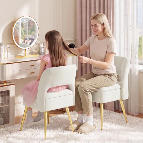 MALOL Beige Vanity Chair with Storage & Open Back, Adjustable Gold Metal Legs