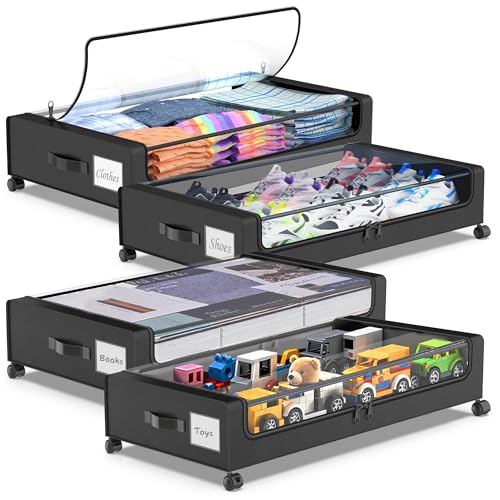 Under Bed Storage Containers with Wheels - 4 Pack, Clear Lids, Black