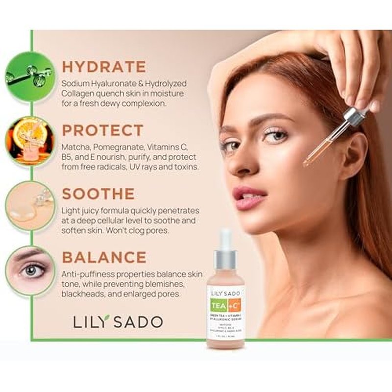 LILY SADO TEA+C Green Tea + Vitamin C Super Serum - Natural Vegan Serum - Best Antioxidant, Anti-Wrinkle Moisturizing Formula - Softens, Hydrates, Firms & Tones for Luscious, Radiant Skin