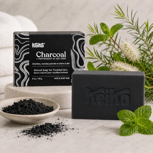 Keika Charcoal Black Soap Bar 12-Pack for Eczema, Psoriasis, Oily Skin - 5 oz Each