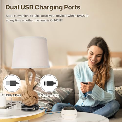 22-Inch Hemp Rope Nightstand Lamps Set of 2 with USB Ports - Boho Rattan Bedside Lamps, 3 Color Temperatures, Includes Bulbs - Natural Variation of THIS listing