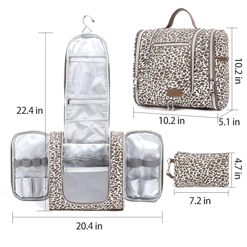 Pearl Angeli Hanging Toiletry Bag for Women, Large Makeup Cosmetic Bag, Water Resistant Toiletries Travel Essentials Organizer, Full-size Container, Khaki Lepoard