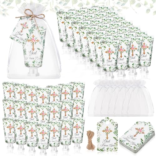 50 Sets Baptism Favors for Guests with Hand Cream, Cross Cards & Organza Bags - Religious Gift