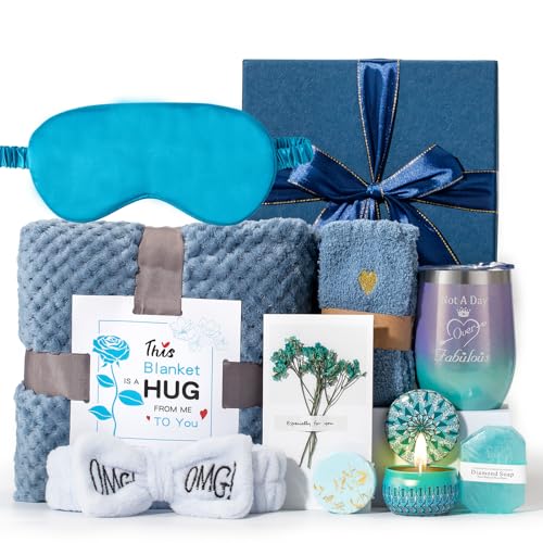 Blue Gift Basket for Women - Self Care Set with Blanket, Candle, Tumbler & More