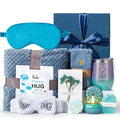 Blue Gift Basket for Women - Self Care Set with Blanket, Candle, Tumbler & More