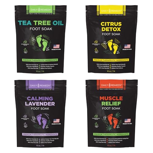 DAILY REMEDY Foot Soak Salts- Variety Pack of 4- Tea Tree Oil, Muscle Relief, Calming Lavender & Citrus Soak- For Foot Pain, Soreness, Athlete¡¯s Foot, Odors, Calluses-Made In USA | Tea Tree Oil, Calming Lavender, Citrus Soak, For Foot Pain, Made In USA