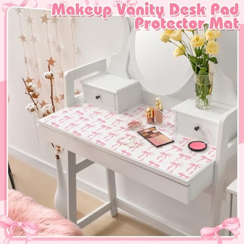 Coquette Bow Makeup Mat for Vanity Top Protector, Valentine Dual Sided Leather Vanity Waterproof Desk Pad Dressing Mat Nonstick Gifts for Women Home Office Decor(Pink,15.7" X 31.5")