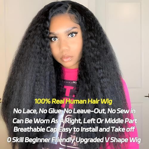 20 Inch Natural Color V Part Human Hair Wig for Black Women, Kinky Straight, Glueless Half Wigs