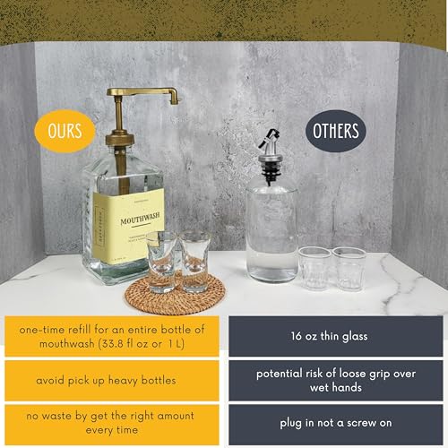 eBun Gold Mouthwash Dispenser Set 37oz Glass Bottle with Pump & Cups