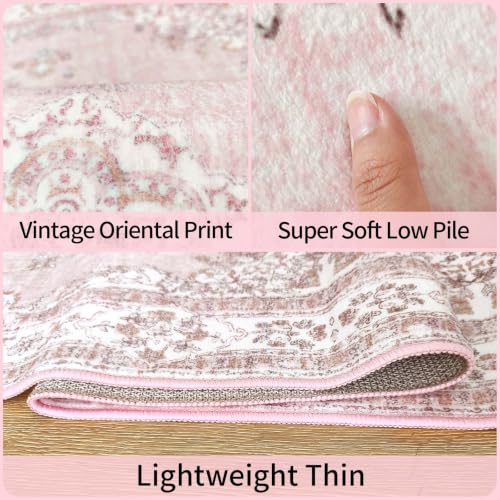 Pink Vintage 5x8 Washable Area Rug for Bedroom Girls - Soft & Stain-Resistant