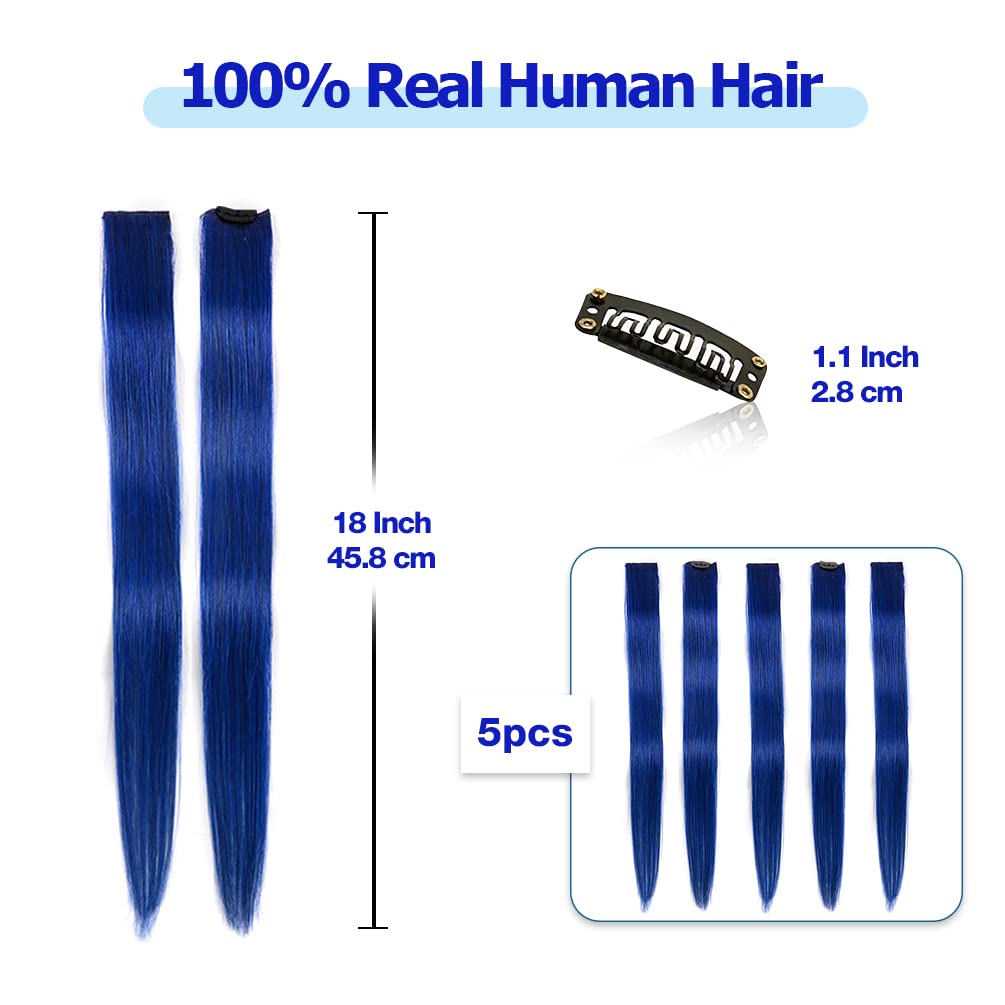 Winsky Blue Clip in Hair Extensions 100% Real Human Hair - Straight Highlights Colored Clip on Christmas Hairpieces 5 Pieces/Set (18inch, Blue)