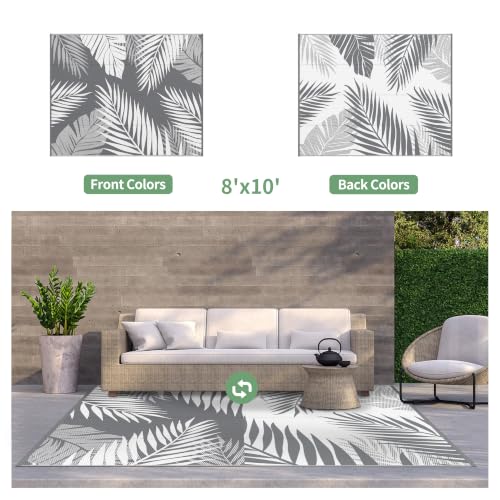 Outdoor Rug 8x10 ft Waterproof Plastic Rug with Palm Leaf Design - Grey & White