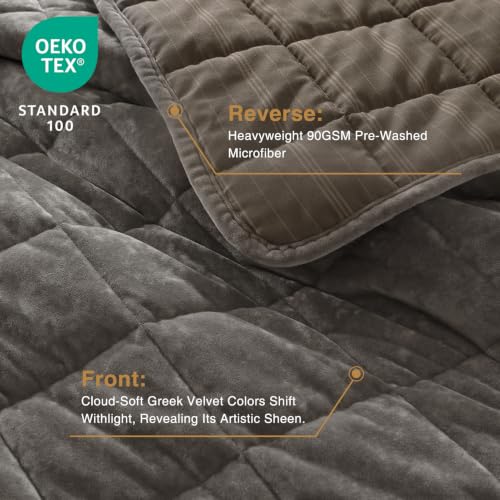 GOONE Oversized King Velvet Quilt Set 112x106 Fossil Greek Velvet Luxury Reversible Bedding