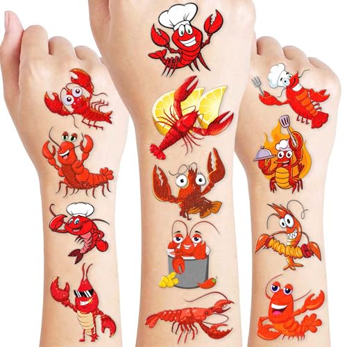 96PCS Crawfish Boil Pre-Cut Temporary Tattoos Themed Birthday Party Supplies Favors Decorations Summer Seafood Lobster Crayfish Shrimp Tattoo Stickers Gifts For Boys Girls Kids School Prizes Carnival