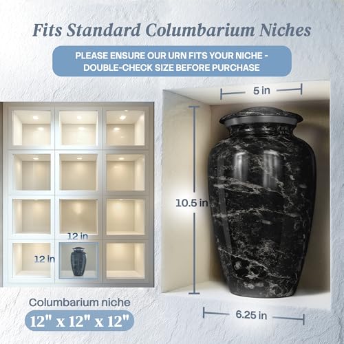 Hearthy Home Large Black Marble Cremation Urn for Human Ashes - Elegant Memorial, 10.5H x 6.25W