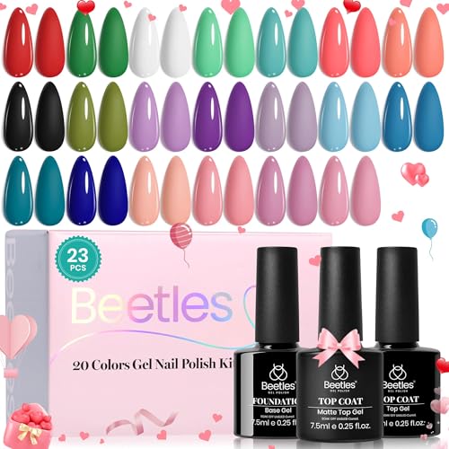 Beetles Gel Nail Polish Set - 23pcs Gel Polish Set Spring Colors, 20 Colors Pink Green Blue Uv Gel Polish with Base Top Coat, All Season Manicure Tools for Beginners Nail Art Home