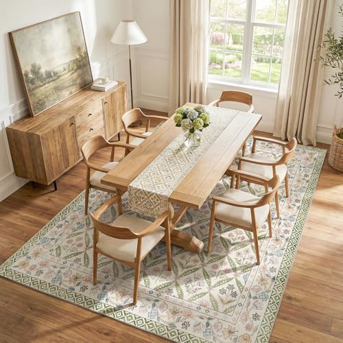 Jinchan 8x10 Sage Green Vintage Floral Washable Area Rug - Large Living Room Carpet
