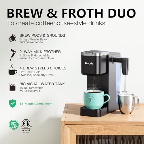 Tastyle Single Serve Coffee Maker with Detachable Milk Frother - Black