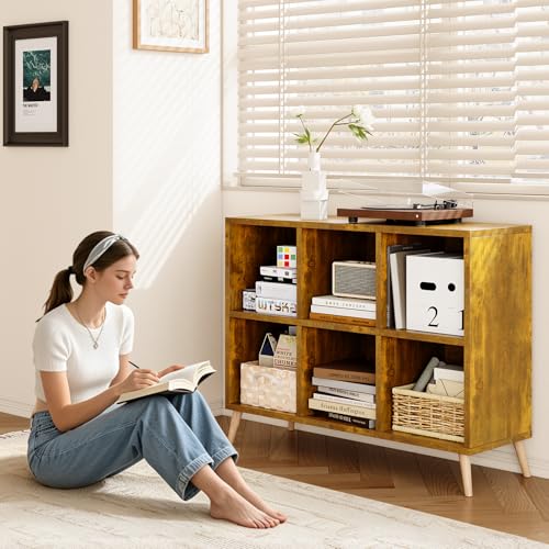 Rustic Brown 6-Cube Storage Organizer with Legs, Fits 11-Inch Bins, Modern Freestanding Bookcase