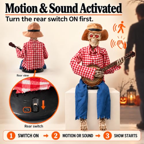 Halloween Animatronics Skeleton with Banjo - Sound & Light Activated Decor - Variation of Banjo Playing Skeleton