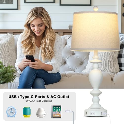 28-Inch White Farmhouse Table Lamps Set of 2 with USB-C & AC Outlet - Dimmable Touch, Vintage Rustic Living Room and Bedroom Lighting - Variation: White-1
