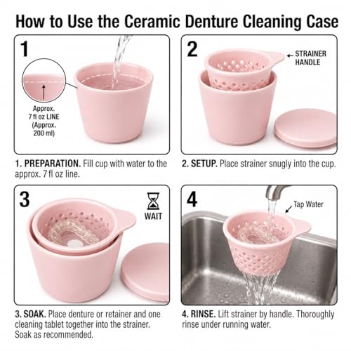 Pink Ceramic Denture Cleaning Cup with Lid & Removable Basket - Hygienic Soaking Container