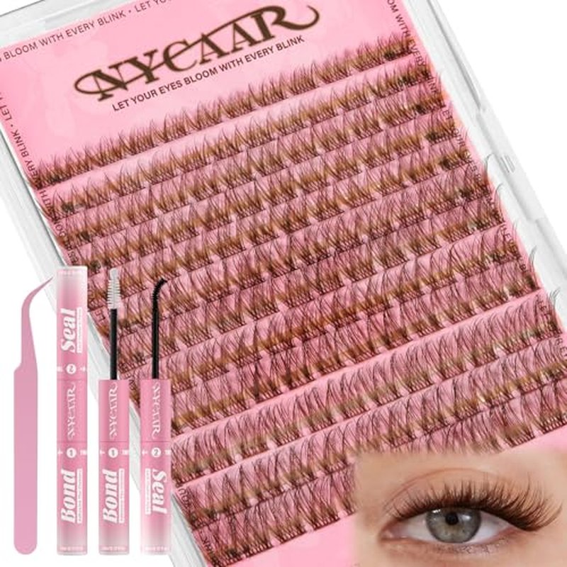 Lash Clusters Kit Brown Lash Clusters with White Clusters Glue and Clear Seal 8-16mm Wispy Cluster Eyelash Extension Kit D Curl 144pcs Brown Natural Lashes Cluster DIY Lash Extension Kit