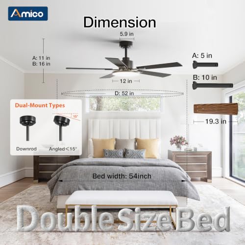 Amico 52 Inch Smart Ceiling Fan with Lights - Black, Downrod Mount