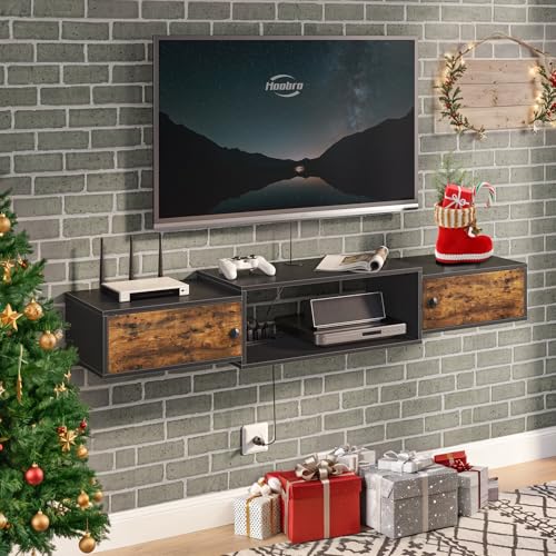 Floating TV Stand with Power Outlet - Rustic Brown & Black Wall-Mounted Media Console Shelf for 32-65 Inch TVs