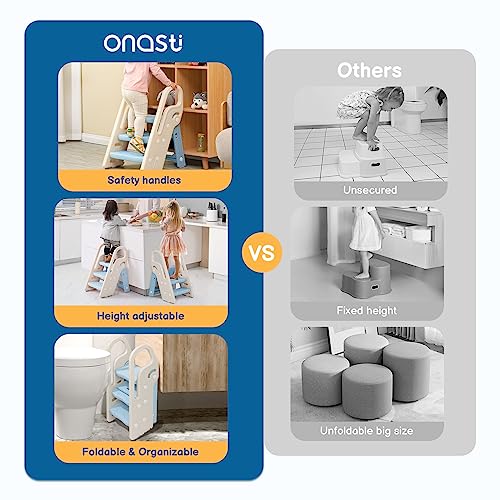 Blue Foldable Toddler Step Stool with Handles - Adjustable 3-Step Bathroom & Kitchen Ladder