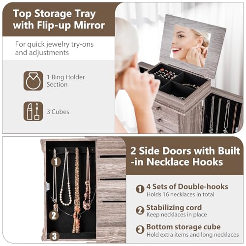 GIANTEX Standing Jewelry Cabinet with Flip Top Mirror & Light Gray Oak Finish