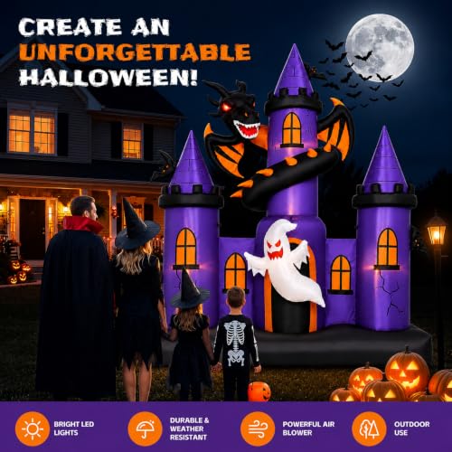 9 FT Inflatable Haunted Castle with Dragon Ghost LED Yard Decor