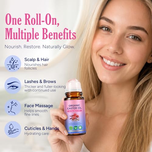 ITSDAWN 2 Pack Organic Cold-Pressed Castor Oil with Rose Quartz Roller Ball (2 Fl Oz)