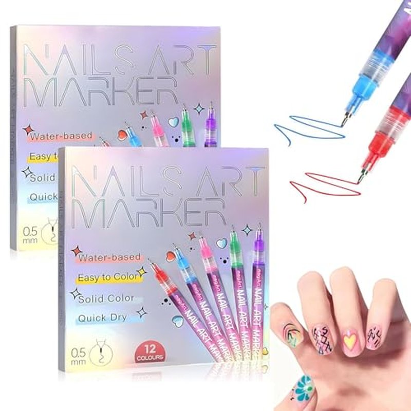 12 Colors Nail Art Pens Set, Fine Tips 0.5mm Nail Paint Pens - Quick-Dry 3D Nail Art Markers, Dotting Nail Design Pens For Nails Art Design Manicure Nail Diy Decoration (24 Colors)